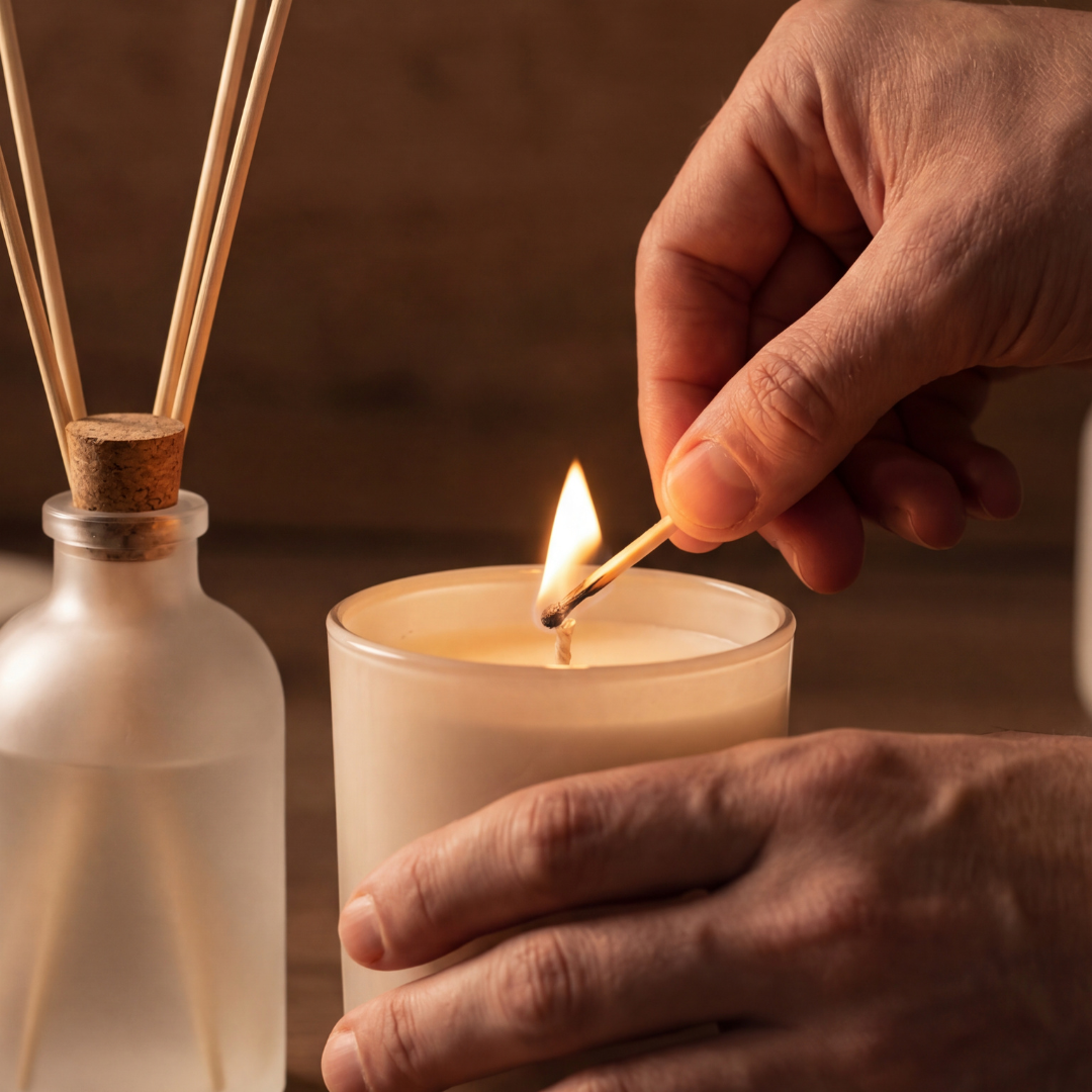 Reed diffuser with a candle being lit with a match