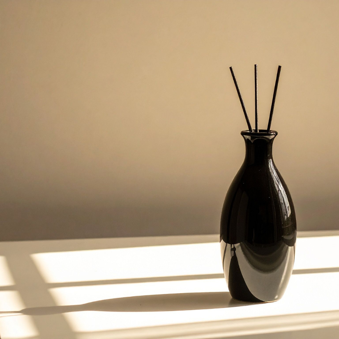 Black reed diffuser in sunlight