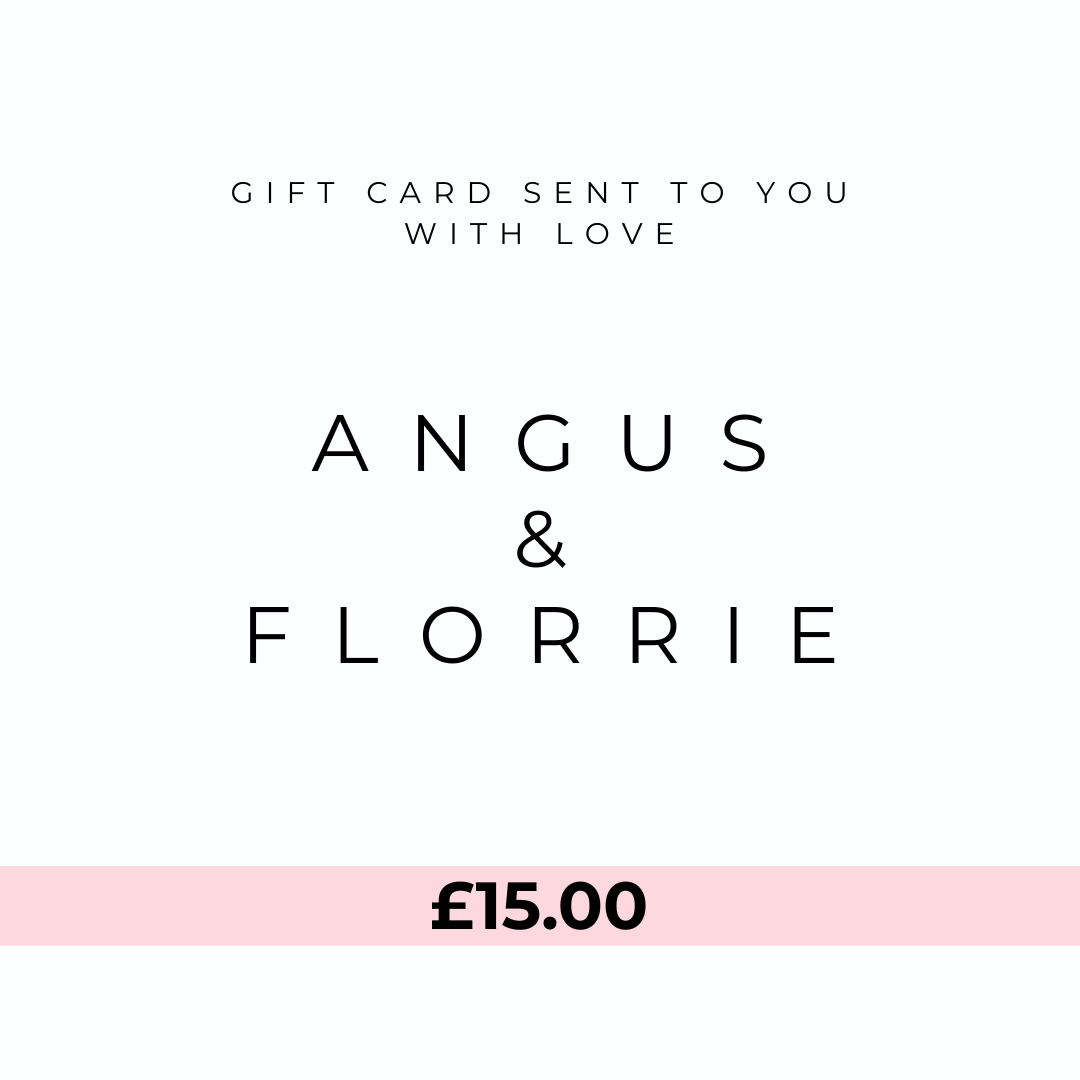 Angus & Florrie gift card with a pink border and £15.00 value on a white background