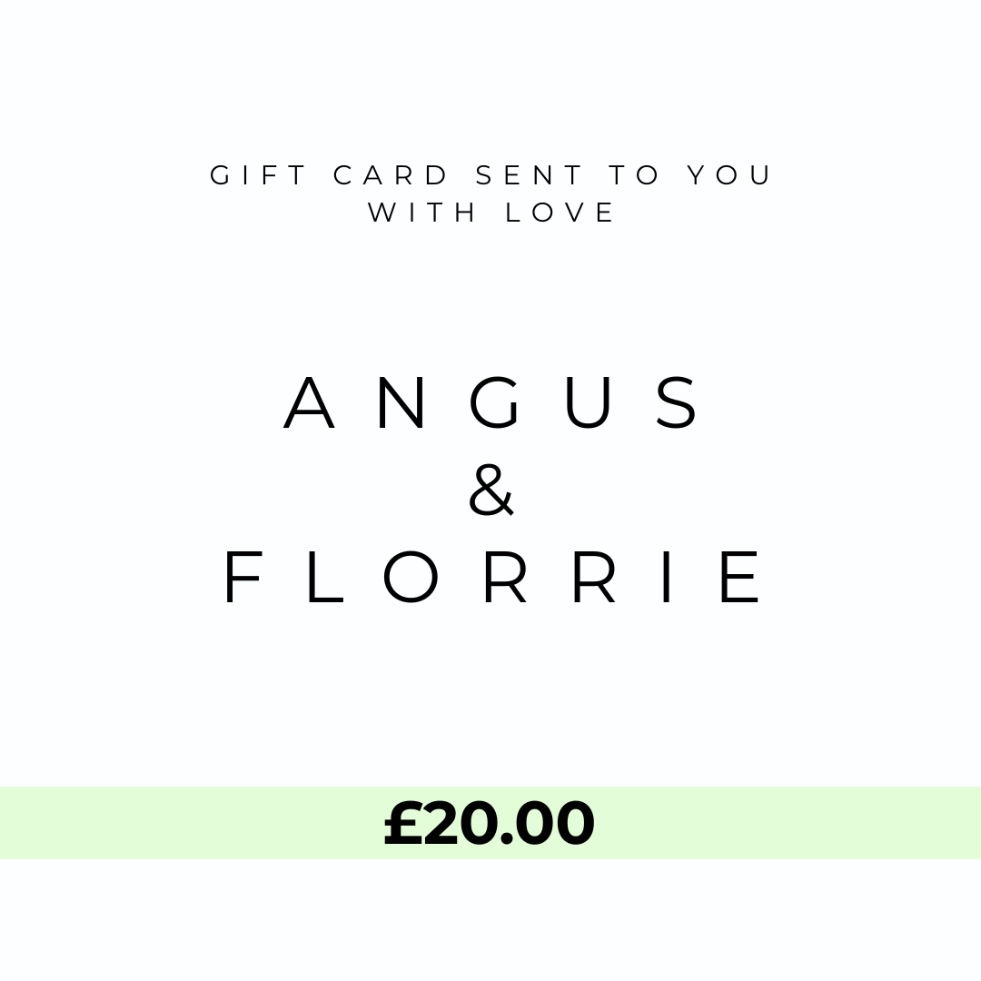Angus & Florrie gift card with a value of £20.00 on a white background