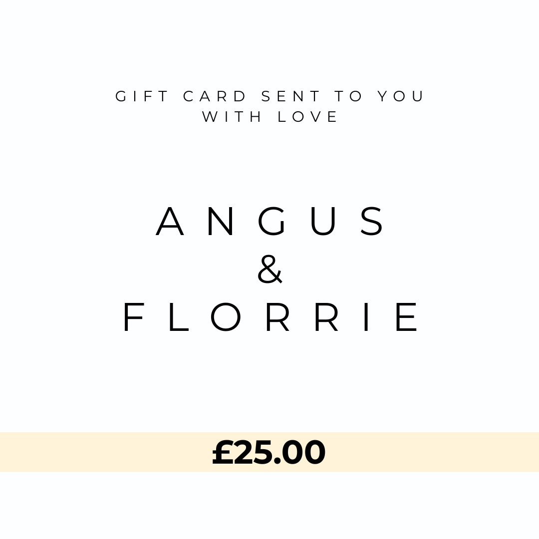 Angus & Florrie gift card with a value of £25.00 on a white background