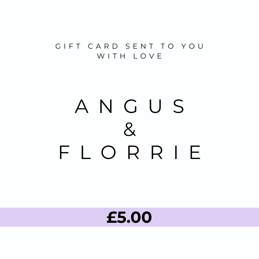 Angus & Florrie gift card with £5.00 value on a white background