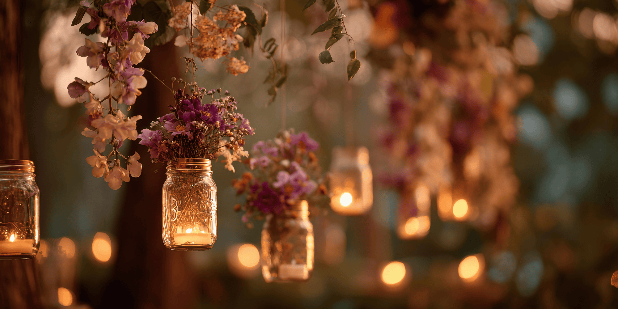 Decorative setup with hanging jars and flowers against a blurred background