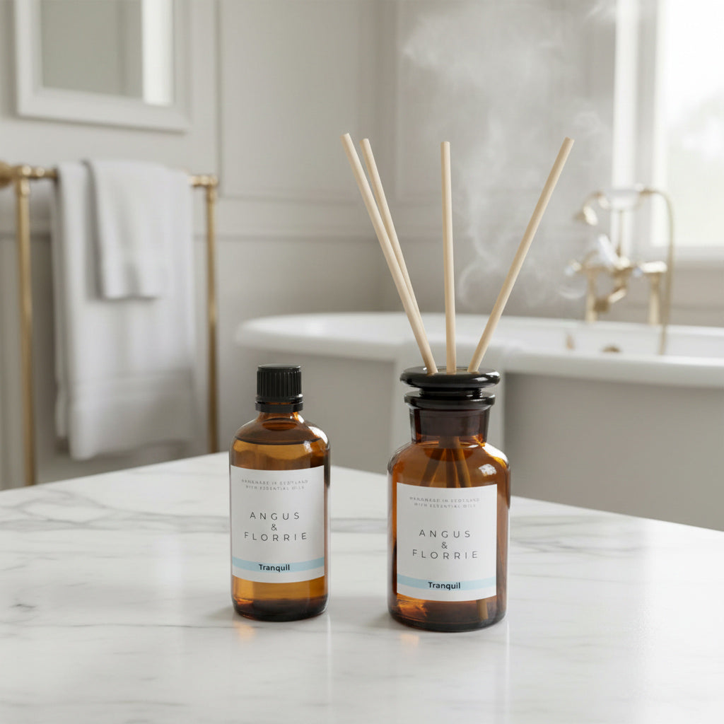 Two bottles of Angus & Florrie diffusers on a marble surface with a bathroom in the background.